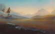 Modern art painting on the canvas of a beautiful landscape with a yellow field and mountains