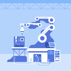 Wall Mural - Robot arms operating at automatic production line flat color vector illustration. Contemporary manufacturing plant. Industry development facility 2D simple cartoon objects with machinery on background
