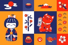 Japanese Toys. Traditional Symbols. Oriental Souvenirs. Maneki Neko Cat. Money Fish. Kokeshi And Daruma. Asian Culture Poster. Sakura Flowers And Bamboo. Fuji Volcano. Garish Vector Cards