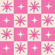 Boho Sun And Stars On White And Pink Checkerboards Seamless Pattern. For Textile, Home Décor And Wrapping Paper 