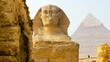 Front closeup view of the Great Sphinx Giza and the Great Cheops Pyramid in the background in Egypt