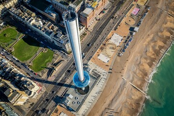 High angle shot of Brighton observation tower. England, United Kingdom.