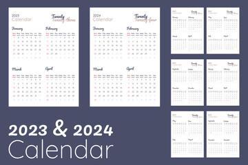 2023 and 2024 calendar template. 2023 and 2024 calendar design with 4 months each page. wall calender with a4 size. sunday as weekend. week start on sunday . good for planner, schedule, etc.