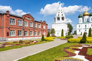 Poster - school, bell tower and Assumption Cathedral on Cathedral (Sobornaya) Square of Kolomna Kremlin in Old Kolomna city on sunny summer day