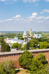 Canvas Print - above view of wall and churches of Kolomna Kremlin and Bobrenev Monastery on horizon in Old Kolomna city on summer day from bell tower Church of St John the Evangelist