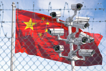 Wall Mural - Flag of China behind barbed wire fence and cctv cameras. Concept of sanctions, dictatorship, discrimination and violation of human rights and freedom in China.