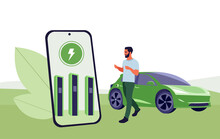 Man Using App Searching Electric Car Charging Station. Battery EV Vehicle Plugged And Getting Electricity From Renewable Power Generations Solar Panel, Wind Turbine. Solar Battery