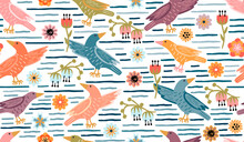Seamless Pattern With Birds In Pastel Colors,ethnic Style Blooming Flowers And Rough Stripes In Blue.Colorful Background And Texture For Printing On Fabric And Paper.Vector Hand Drawn Illustration.