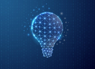 Light bulb polygonal symbol with binary code background. Idea concept design vector illustration. Blue Innovation low poly symbol with connected dots