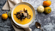 Halloween Pumpkin Soup With Mushrooms And Truffle
