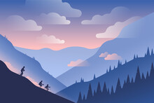 Winter Vector Landscape Illustration With Skiing People.