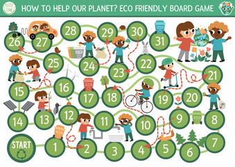 Wall Mural - Ecological dice board game for children with kids caring of environment. Earth day boardgame.  Waste recycling printable activity or worksheet. Eco awareness or zero waste activity.