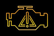 Malfunction indicator icon on car dashboard. Check engine light. Exclamation point in a triangle inside. Gauge shows broken motor. Isolated vector image of an indicator on a black background.