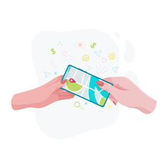 Wall Mural - Hands holding a phone or tablet. Phone with map and marker. Mobile gps navigation and path tracking concept. The woman is holding a phone in her hand. Vector illustration.
