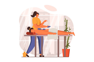 Poster - Spa salon web concept in flat design. Professional masseur does manual therapy with hot stones to patient. Woman lying on couch and getting relax back massage. Vector illustration with people scene