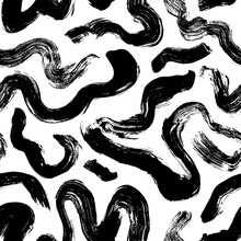 Wavy And Swirled Brush Strokes Vector Seamless Pattern. Bold Lines Organic Ornament. Hand Drawn Black Brushstrokes, Rough Smears With Scribbles. Biological Grunge Squiggles. Ink Wrapping Paper.