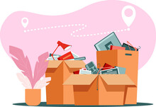 Cardboard Boxes With Various Household Items Prepared For Transportation. The Concept Of Moving To A New Place. Delivery Of Goods To Different Locations. Stock Vector Illustration.