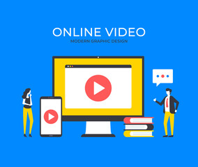 Wall Mural - online video. people and website page with video streaming on computer screen. online education, str