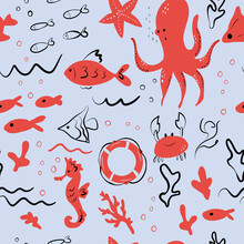 Cute Cartoon Octopus, Crab, Star, Seahorse, Sea Life .Seamless Pattern, Vector Illustration .Vector Illustration.