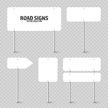 Various Road, Traffic Signs. Highway Signboard On A Chrome Metal Pole. Blank White Board With Place For Text. Directional Signage And Wayfinder. Information Sign Mockup. Vector Illustration