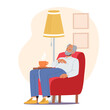 Character. Grandpa Sleep On Armchair With Cup Of Tea Stand beside. Tired Elderly Lonely Man Feel Unwell, Need Medicine
