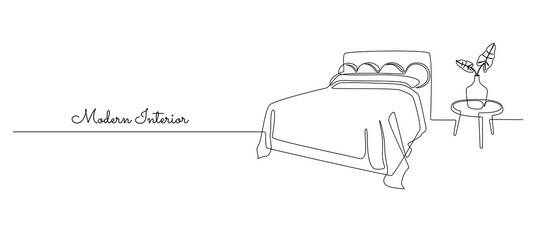 Aufkleber - One continuous line drawing of double bed and table with vase and plant. Modern scandinavian interior for cozy decoration bedroom in simple linear style. Doodle vector illustration