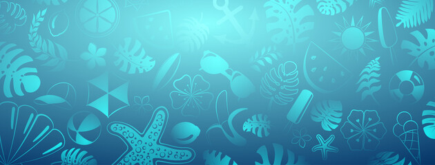 Background of various items related to summer holidays at sea, in light blue colors