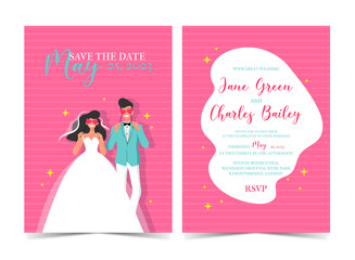 Wall Mural - Wedding Invitation in vintage style , retro couple marriage, groom and bride characters, pin up vector illustration