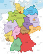 Vector illustrated map of Germany with federated states or regions and administrative divisions, and neighbouring countries. Editable and clearly labeled layers.