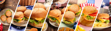 Set of traditional American burgers on table