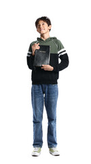 Teenage boy holding Holy Bible on white background