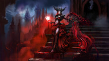 A Beautiful Ancient Demoness Vampire Uses Blood Magic To Create A Skeleton Warrior In A Gothic Castle As She Descends The Forest. Digital Drawing Style, 2D Illustration