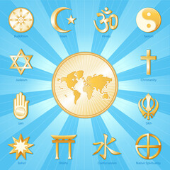 Wall Mural - World of Faith, International Religions surround earth map: Buddhism, Islam, Hindu, Taoism, Christianity, Sikh, Native Spirituality, Confucian, Shinto, Baha'i, Jain, Judaism.  Aqua blue rays.