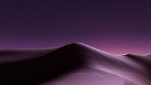 Rolling Sand Dunes Form A Surreal Desert Landscape. Night Background With Purple Gradient Starry Sky.