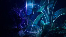 Trendy Background Design. Tropical Leaves With Purple And Green, Circle Shaped Neon Frame.