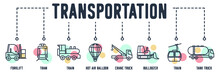 Transport Vehicle Banner Web Icon. Digger, Hot Air Balloon, Cable Car, Crane Truck, Bulldozer, Train, Tank, Truck Vector Illustration Concept.