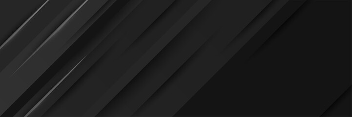 Black abstract banner background. Dark deep black dynamic vector background with diagonal lines. Modern creative premium gradient. 3d cover of business presentation banner with geometric element
