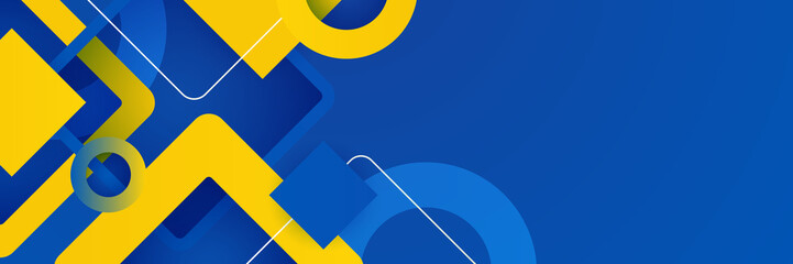 Wall Mural - Modern blue and yellow abstract banner background. Blue background with orange and yellow color composition in abstract. Abstract backgrounds with a combination of lines and circle dots square waves