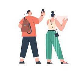 Wall Mural - tourists couple with map and mobile phone during summer holiday travel. back of travelers man and wo