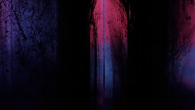 Black Ink Drip. Night Mystery. Enchanted Woods. Dirt Drops Splash Floating In Water On Neon Pink Blue Purple Color Gradient Dark Abstract Background.