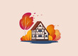 A beautiful half-timbered house is surrounded by bushes and trees. Autumn scene. Vector illustration