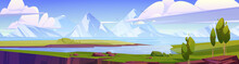Summer Landscape With Lake, Green Fields And Mountains. Vector Cartoon Illustration Of Nature Panorama With River Or Sea Strait With Blue Water, Trees And White Rocks On Horizon