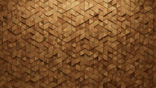 Triangular, Soft Sheen Mosaic Tiles Arranged In The Shape Of A Wall. Wood, Timber, Blocks Stacked To Create A 3D Block Background. 3D Render