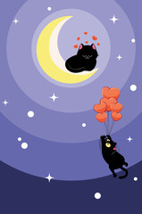 Wall Mural - Black cat flying on balloons to cat on moon