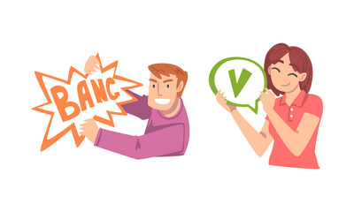 Sticker - Young Man and Woman Holding Speech Chat Bubble in Her Hands Vector Set