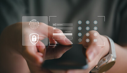 Poster - Security on the Internet innovation technology against digital cyber crime, user finger scanning allows access input username and password for or technology security system and prevent hacker concept.