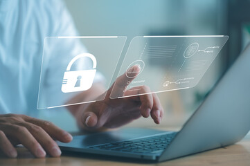 Wall Mural - technology cyber security system and prevent hacker concept, man use laptop with cloud computing dia