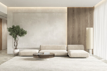 Wall Mural - Contemporary white beige interior with wall panel, sofa and decor. 3d render illustration mockup.