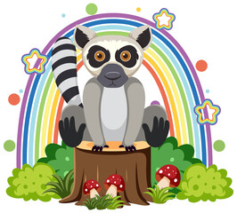 Sticker - Cute lemur on stump in flat cartoon style