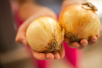 close up hands holding golden onion